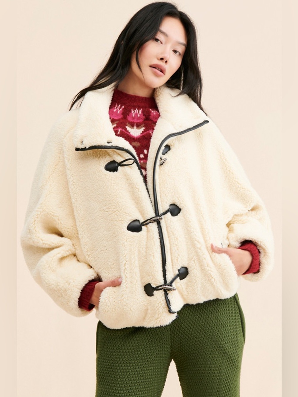 Free People Cream Teddy Toggle Jacket